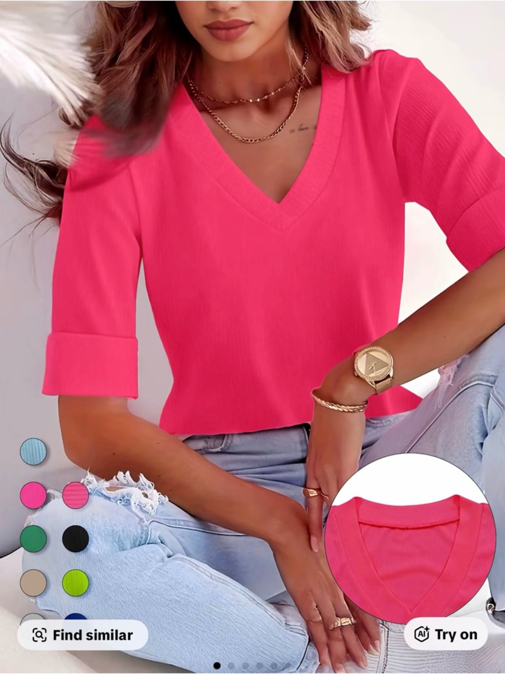 Women's V-Neck Short Sleeve Blouse - Bright Pink